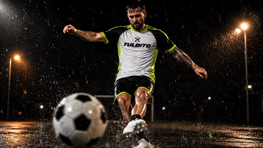 Jugador de Fulbito remata el balón bajo la lluvia en una cancha iluminada